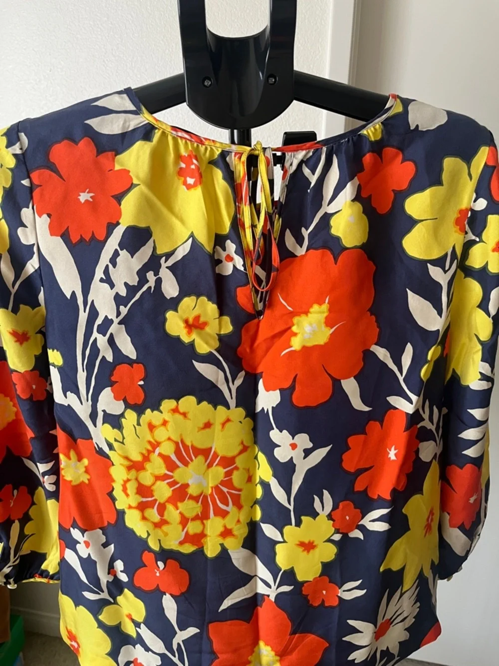 J. Crew Navy Floral Puff-Sleeve Blouse with Red & Yellow Blooms